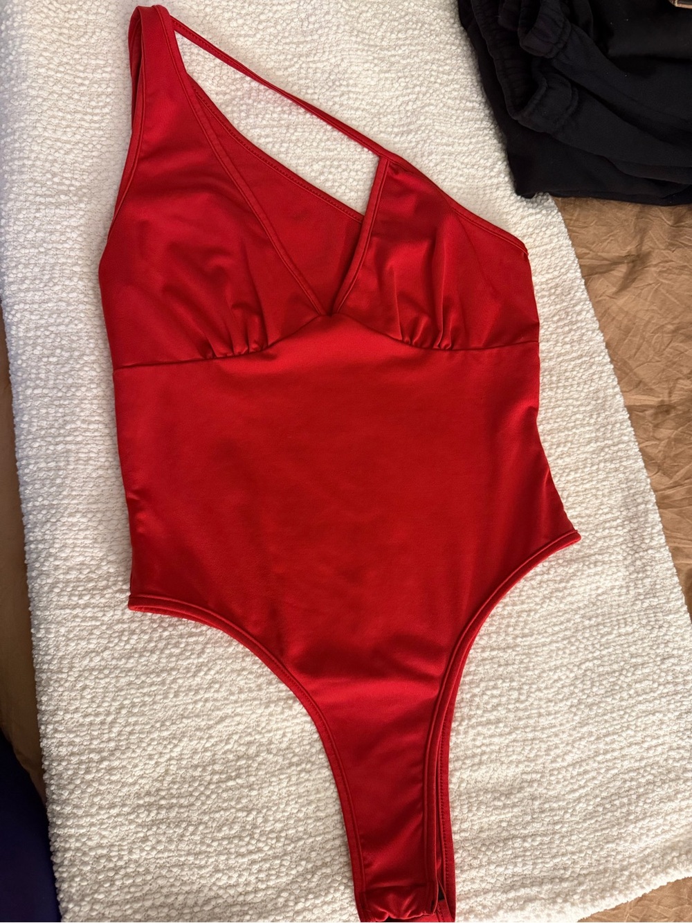 Red Asymmetric One-Shoulder Bodysuit